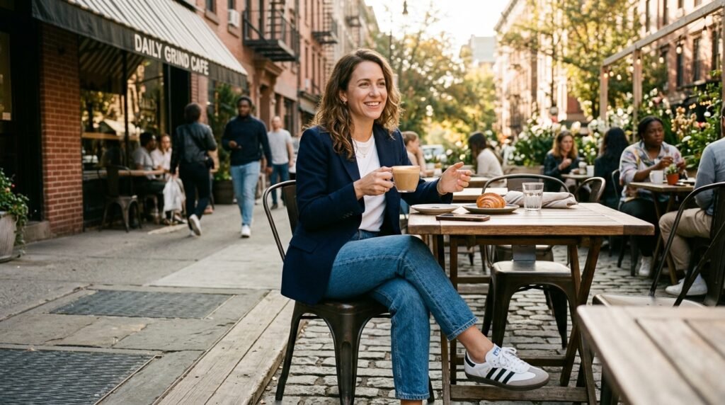 A woman at an outdoor cafe wearing Adidas Samba sneakers, jeans, and a blazer.