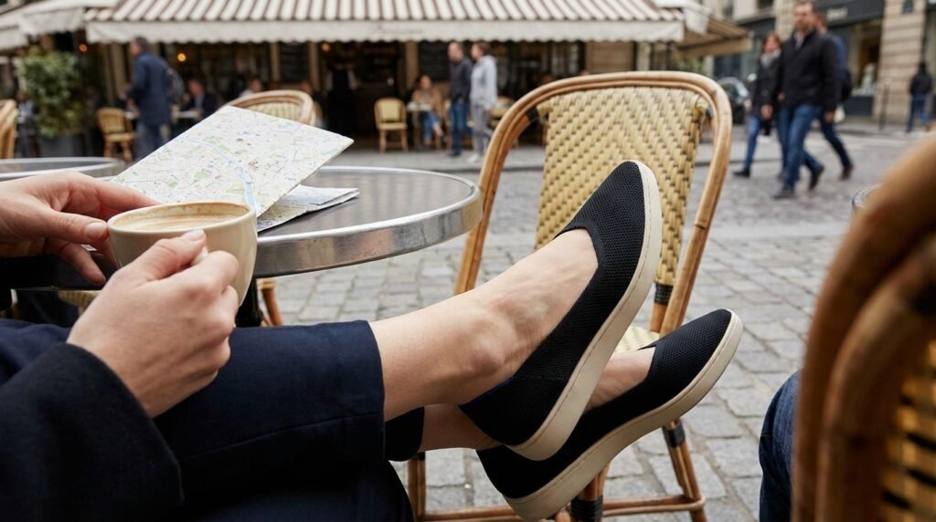 Pointed black knit ballet flats worn at an outdoor Parisian cafe.