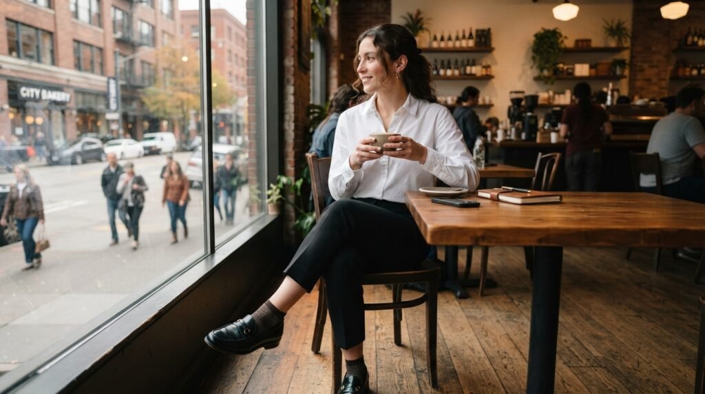 A woman sitting at a cafe table wearing black leather loafers, cropped trousers, and a white shirt.