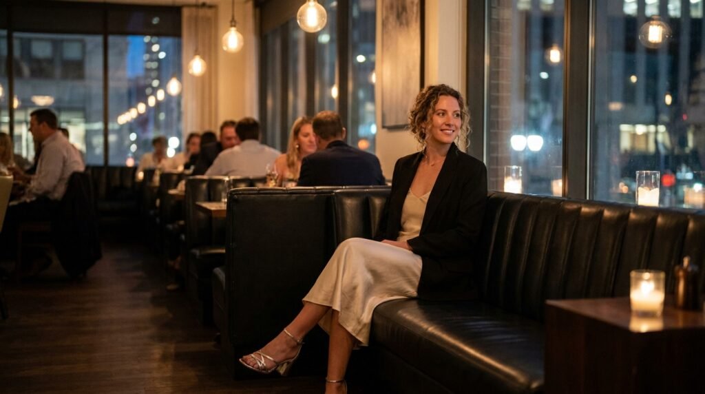 A woman sitting in a restaurant wearing a blazer over a slip dress and metallic heels.