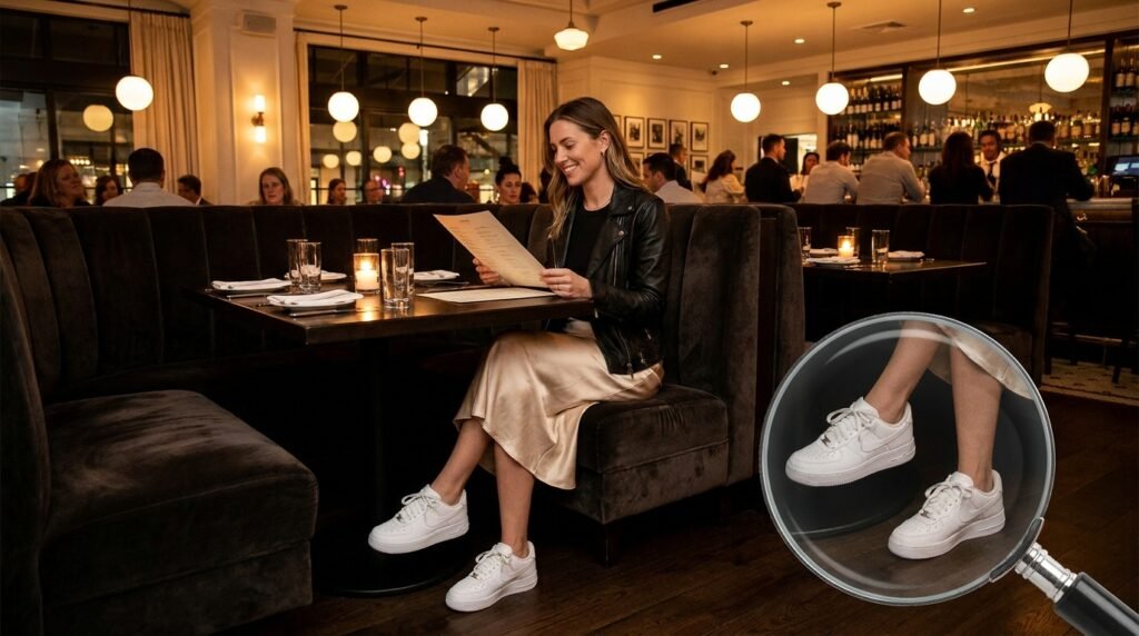 A woman sitting in a restaurant wearing a slip skirt, leather jacket, and Nike sneakers.