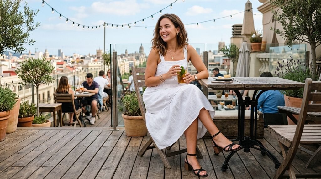 Low ankle-strap block heel sandals styled with a white linen sundress on a terrace.
