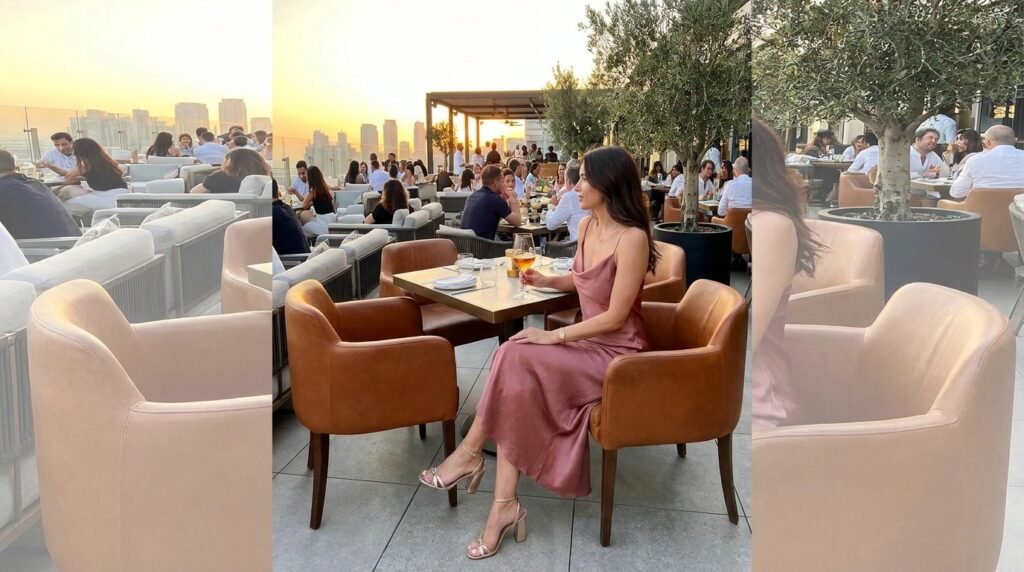 Woman sitting at a rooftop venue wearing metallic strappy sandals and a slip dress.