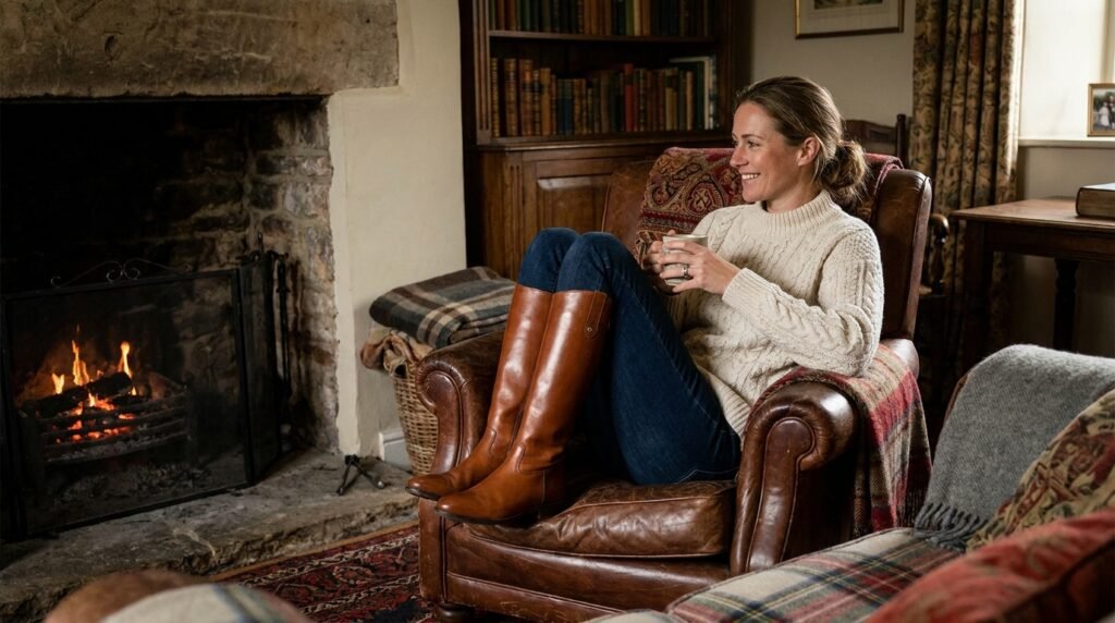 A woman wearing tall cognac leather riding boots and a cream cable-knit sweater indoors.