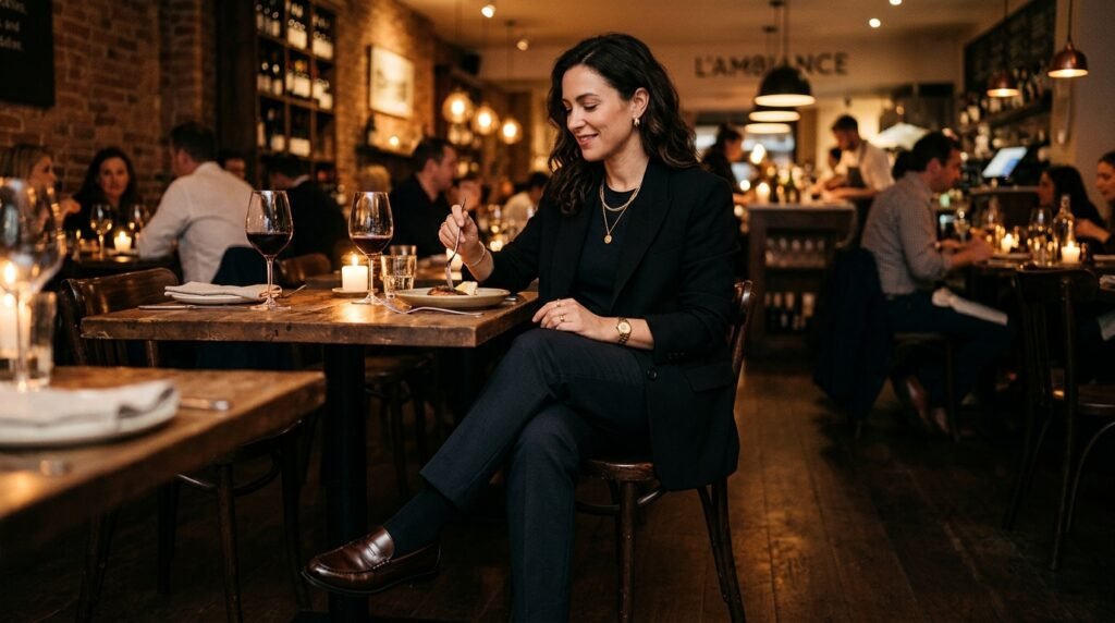 A woman in a restaurant wearing a black blazer and classic loafers under warm lighting.