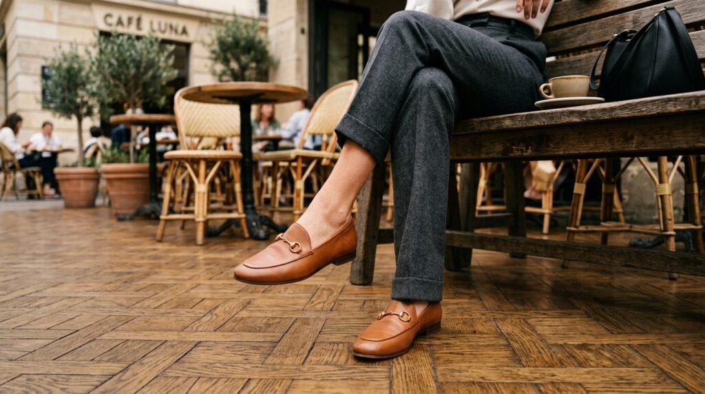 Cognac calfskin loafers with gold horsebit hardware worn with cropped wool trousers.