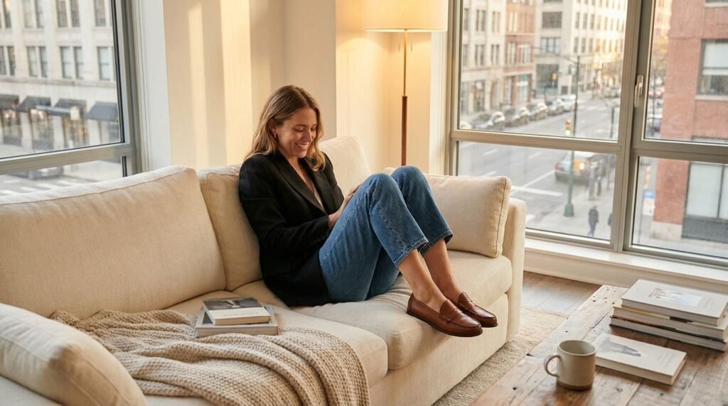 A woman sitting on a couch wearing a black blazer, cropped jeans, and leather penny loafers.