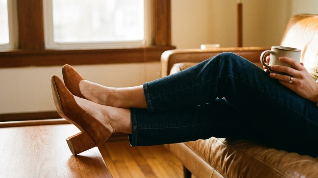 Close up of a woman sitting on a couch wearing cognac suede block heels and jeans while holding a coffee mug.