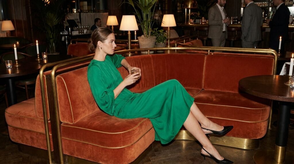 Woman sitting on a velvet banquette wearing an emerald midi dress and kitten heels.
