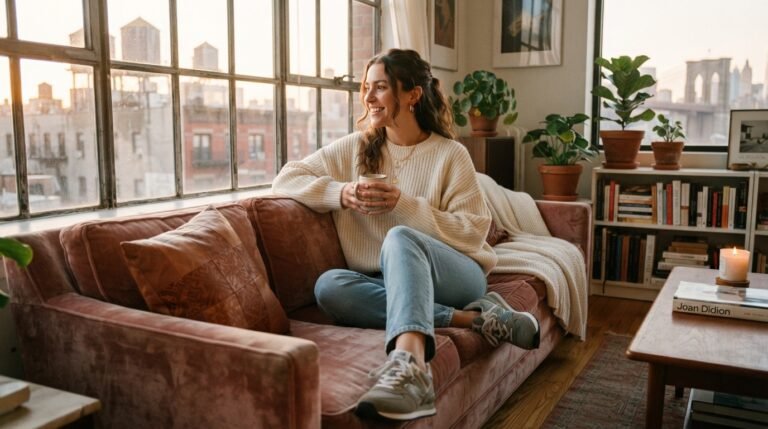 A woman sitting on a couch wearing grey New Balance 574 sneakers, straight-leg denim jeans, and a cream knit sweater.