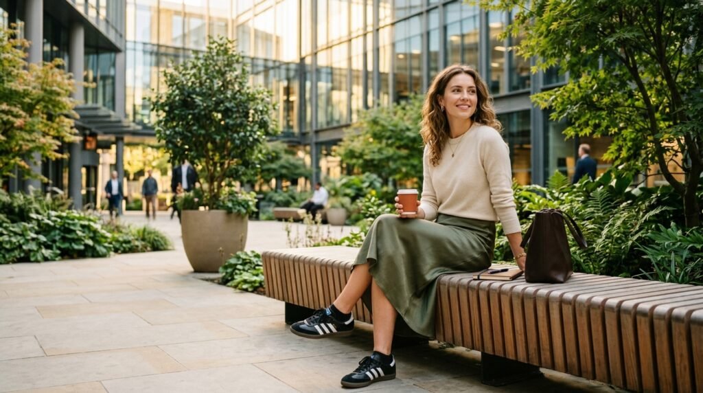 A woman sitting outdoors wearing an olive green satin midi skirt and black leather sneakers.