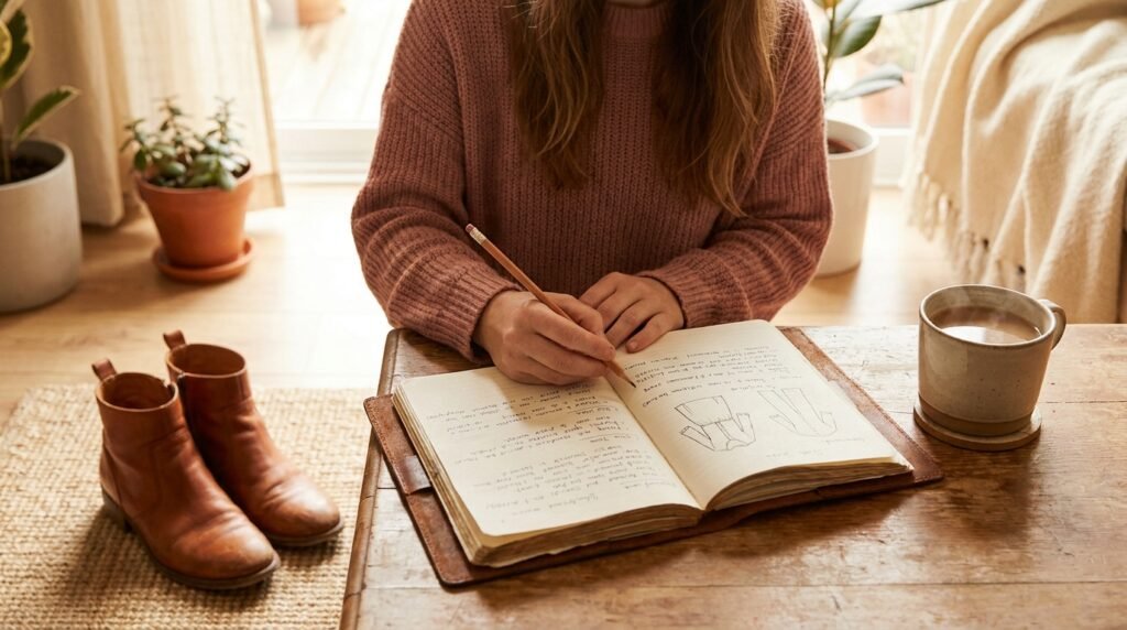 A person planning a wardrobe capsule in a notebook next to leather boots and coffee.
