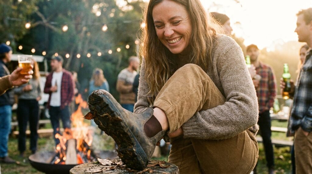 A smiling woman looking down at her comfortable boots at an outdoor gathering.