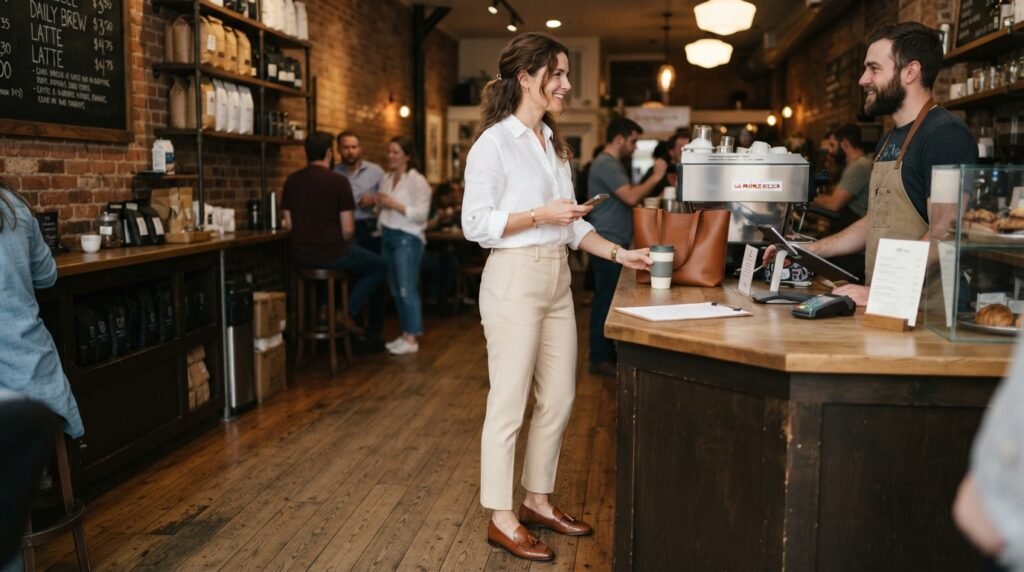 A woman's lower half showing ivory ankle pants and cognac loafers while standing at a cafe.