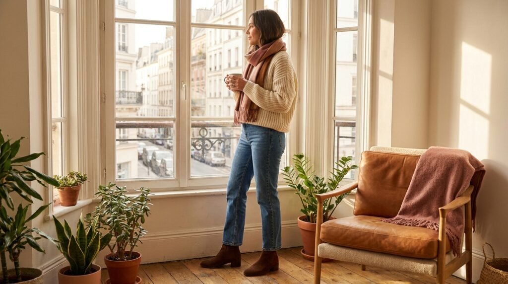 Woman standing by an apartment window wearing brown suede ankle boots and jeans.