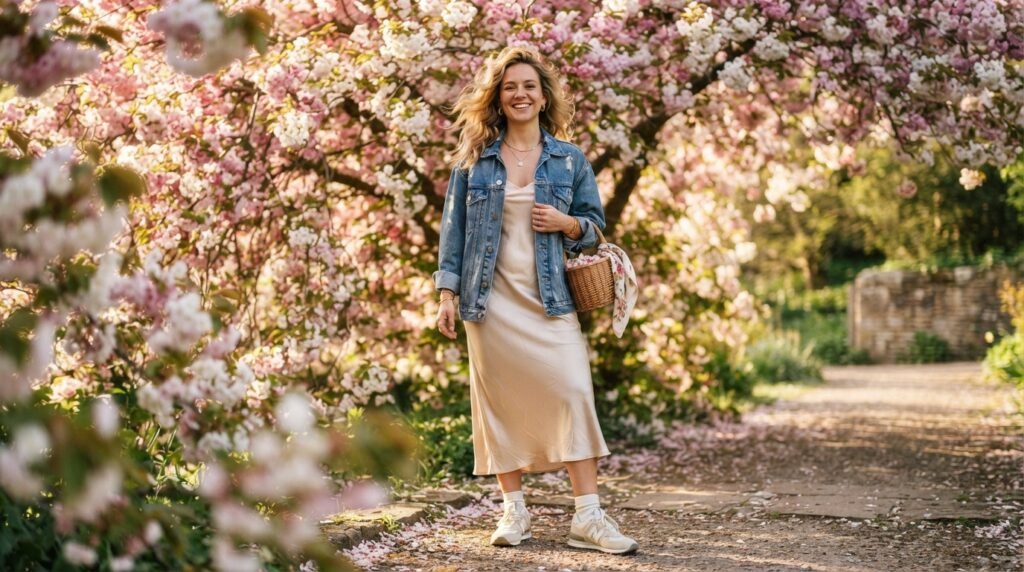 A woman standing near a flowering tree wearing a champagne slip dress, a denim jacket, and New Balance 574 sneakers.