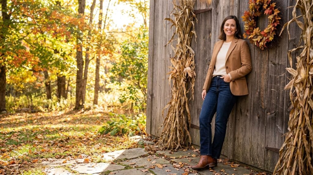 A woman wearing a tan blazer, dark-wash jeans, and ankle boots standing by a wooden door.