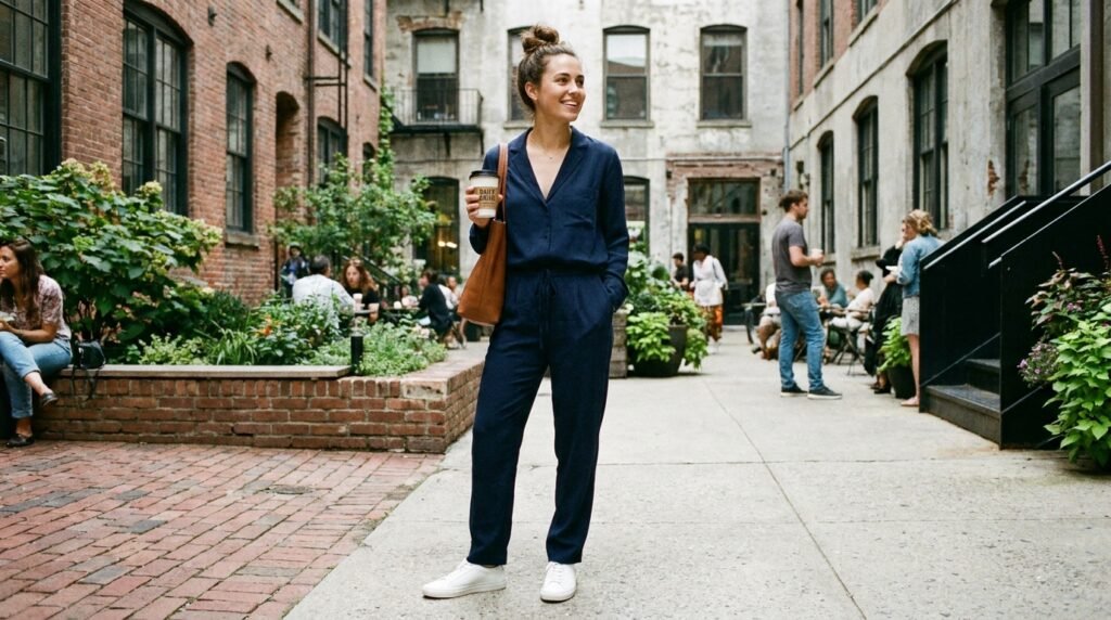 Professional woman wearing a navy pantsuit and white leather court sneakers.