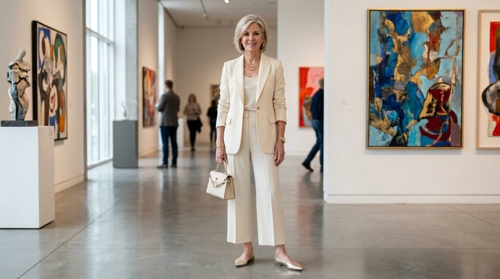 Mature woman wearing a monochromatic cream pantsuit and soft metallic flats in a gallery.