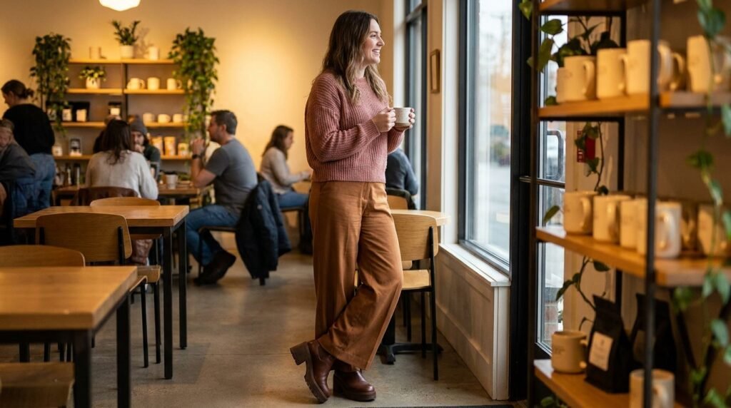 Woman standing in a coffee shop wearing wide-leg trousers and platform boots.