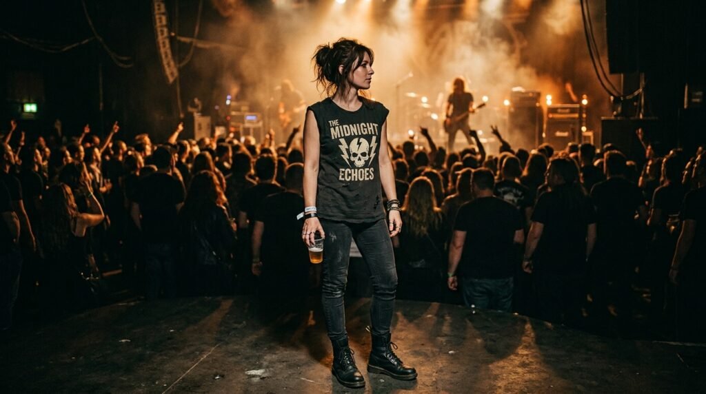 Close-up shot of black leather combat boots worn with distressed jeans in a concert venue with warm stage lighting.