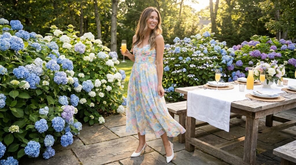 Woman standing on stone pavers wearing a pastel floral midi dress and white patent leather kitten heels.
