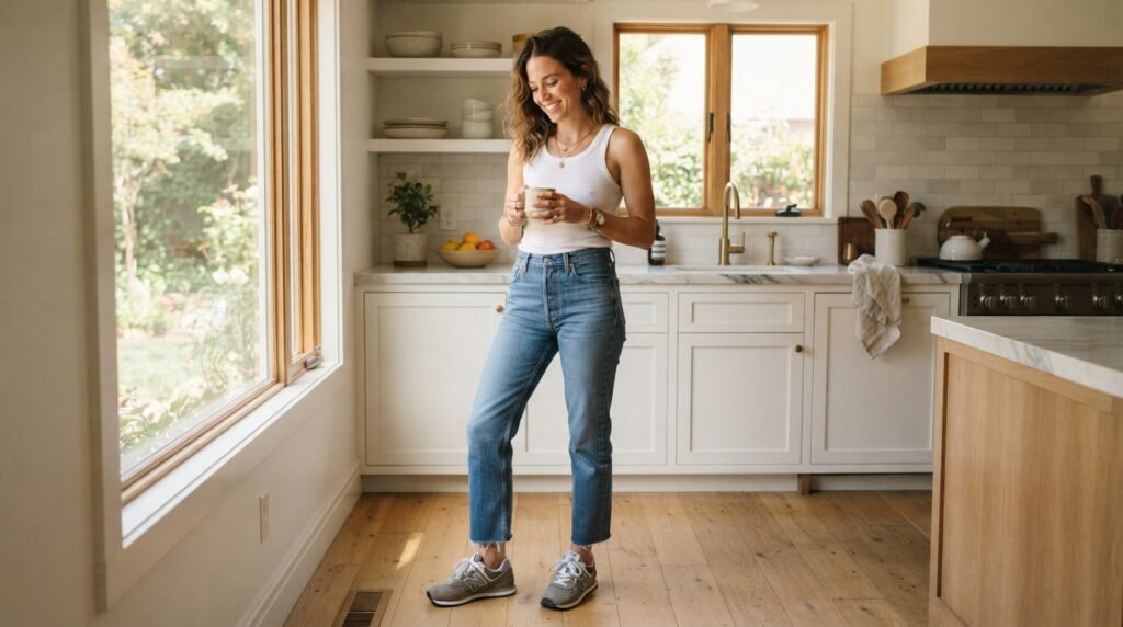 A woman standing in a kitchen wearing grey New Balance 574 sneakers, straight-leg jeans, and a white tank top.