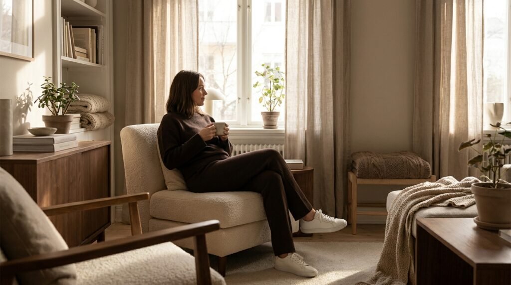 Woman in a living room wearing an espresso brown matching knit set and white lifestyle trainers.