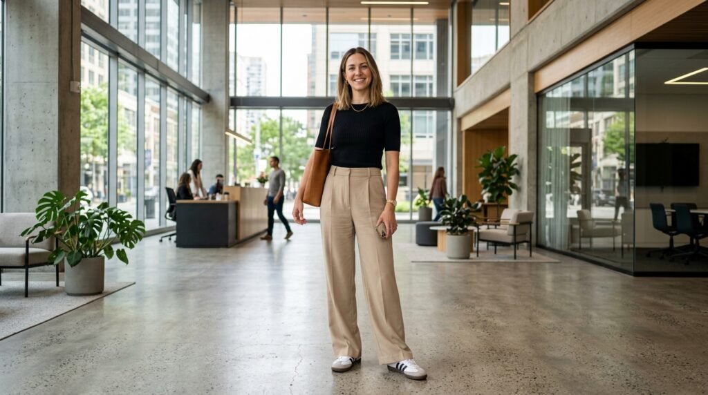 A woman standing in an office lobby wearing beige wide-leg trousers and leather sneakers.