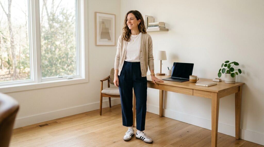 A woman standing in an office workspace wearing cropped pleated pants and leather sneakers.