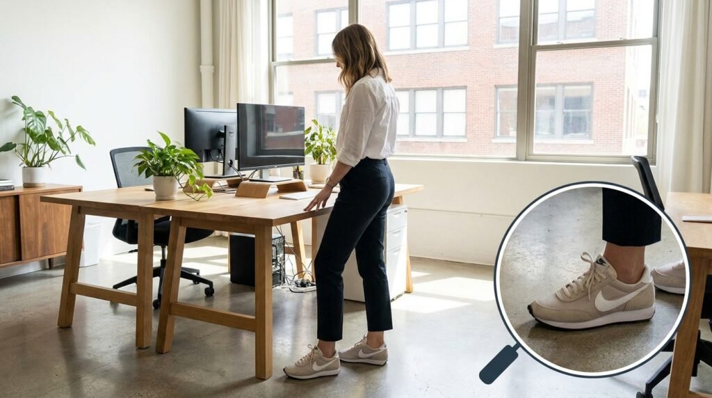 A woman standing in an office wearing tailored trousers, a button-down shirt, and Nike sneakers.