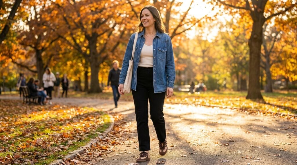 Alt-Text: Woman in a park wearing a denim shacket, ribbed tank, black trousers, and earth-shade sneakers.