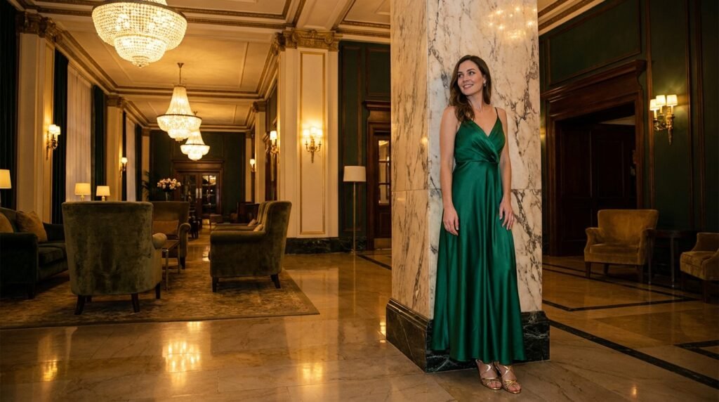 Woman wearing an emerald green evening gown and gold strappy sandals standing in a luxury hotel lobby.