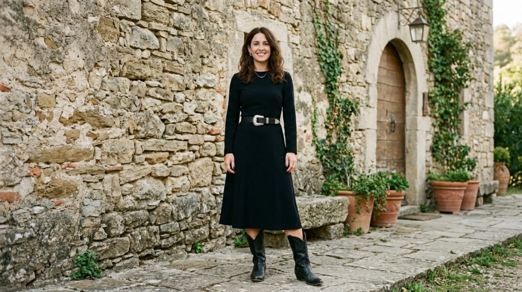 All-black outfit with western belt and black leather cowboy boots.