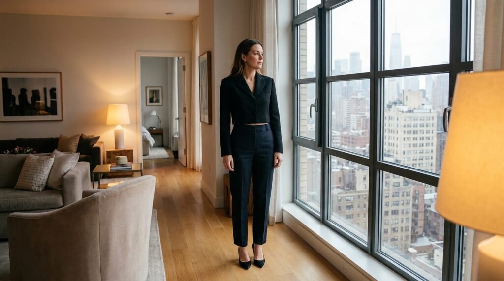 A woman standing in an apartment wearing a cropped black blazer, high-waisted trousers, and pointed-toe heels.