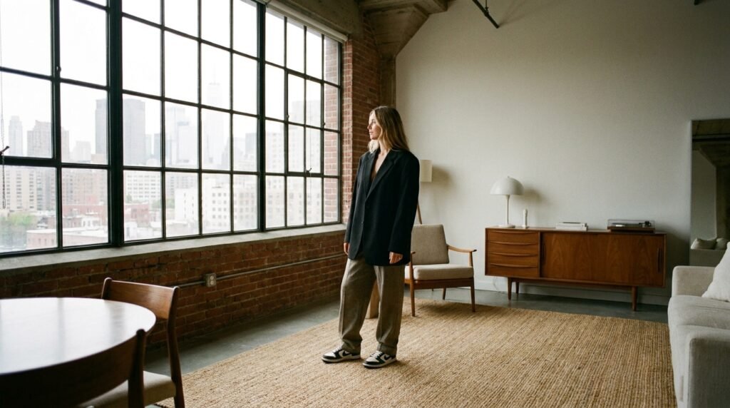 A woman standing in an apartment wearing an oversized black blazer, trousers, and Nike sneakers.