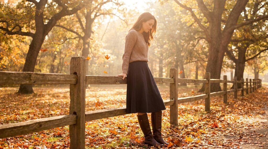 A woman standing outdoors near a wooden fence wearing knee-high leather boots and a midi skirt.