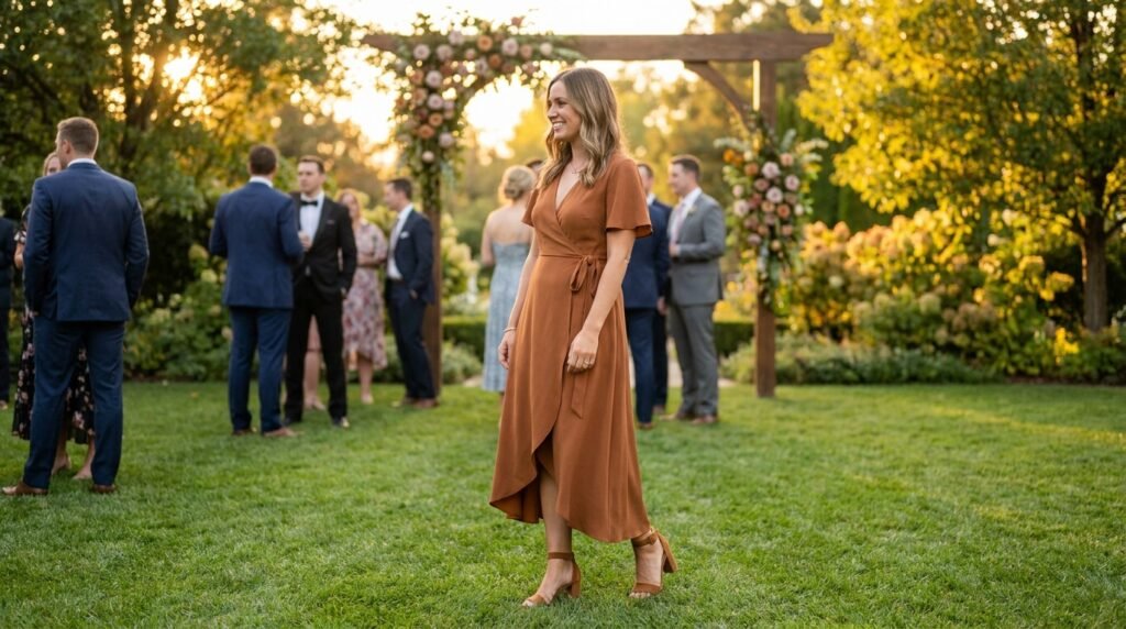 Woman walking on grass at an outdoor event wearing a cognac wrap dress and suede block heels.