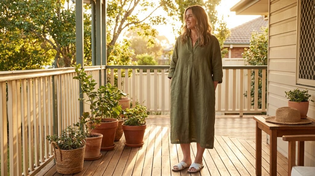 A woman wearing white leather slide sandals and a green linen dress outdoors.