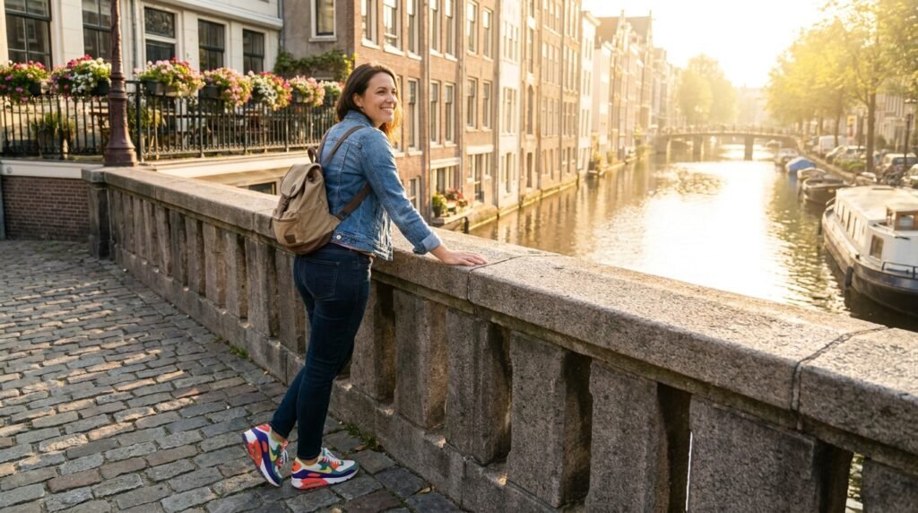 Smiling traveler standing on a stone bridge wearing stylish walking shoes.