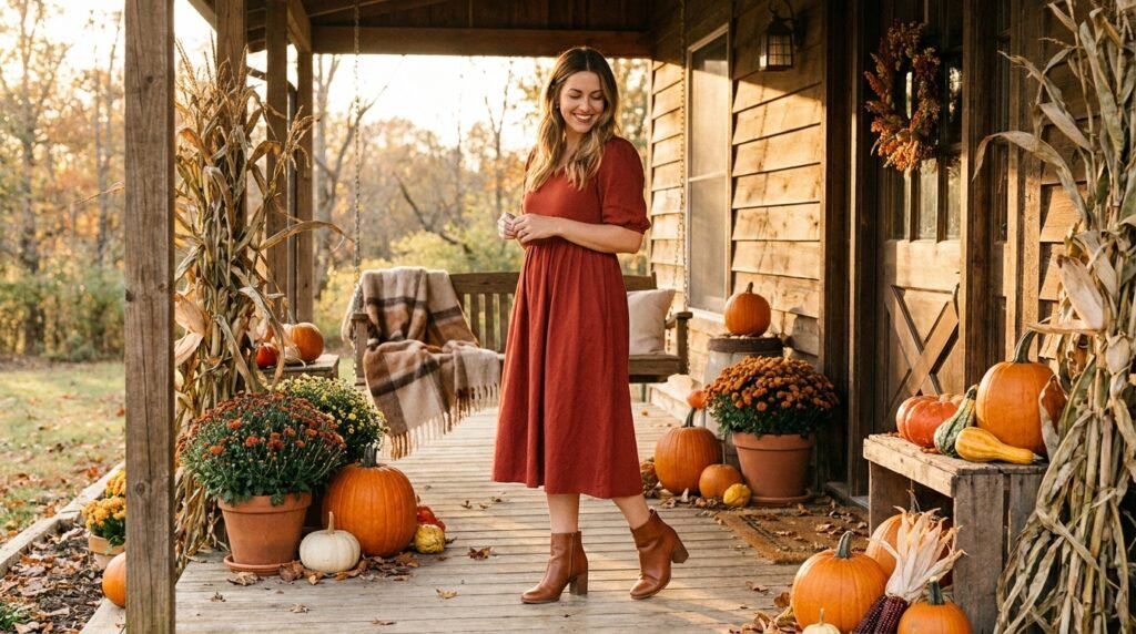 A woman stands on a wooden porch wearing a red dress and cognac brown ankle boots.