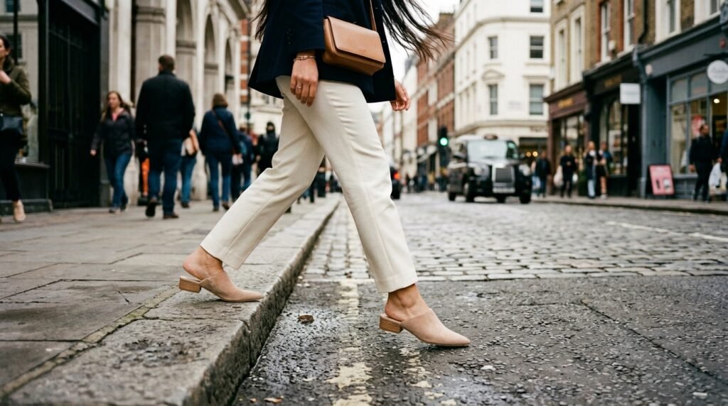 Pointed nude suede mules styled with tailored ivory ankle trousers.