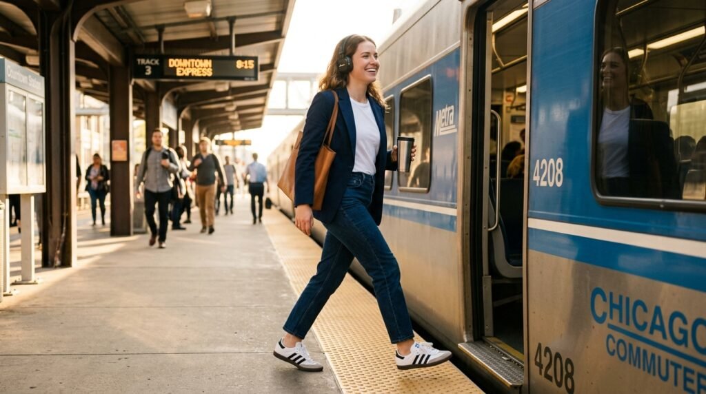 Woman walking on a train platform wearing straight-leg jeans, a blazer, and Adidas Sambas.