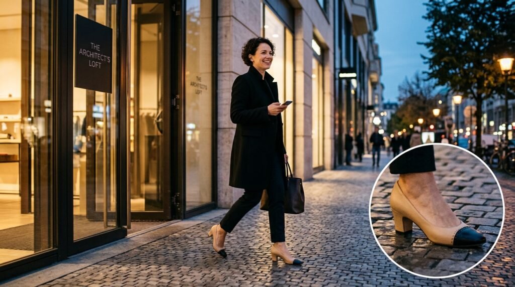 Confident woman wearing a black coat and two-tone cap-toe shoes walking in the city.