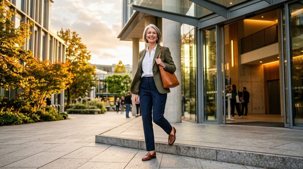 Confident mature woman walking outdoors wearing tailored trousers and comfortable loafers.