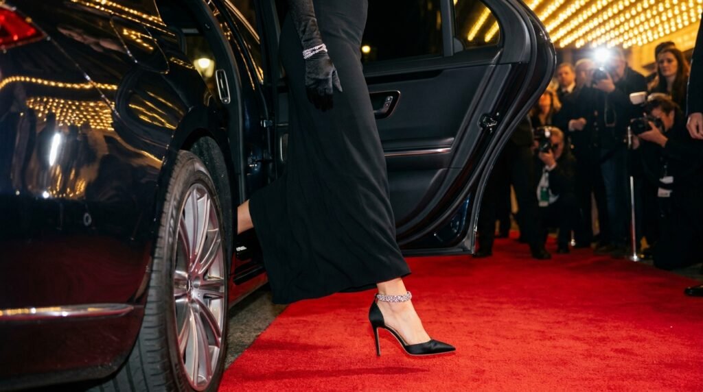 Close-up of feet wearing black satin shoes with crystal ankle straps on a red carpet.