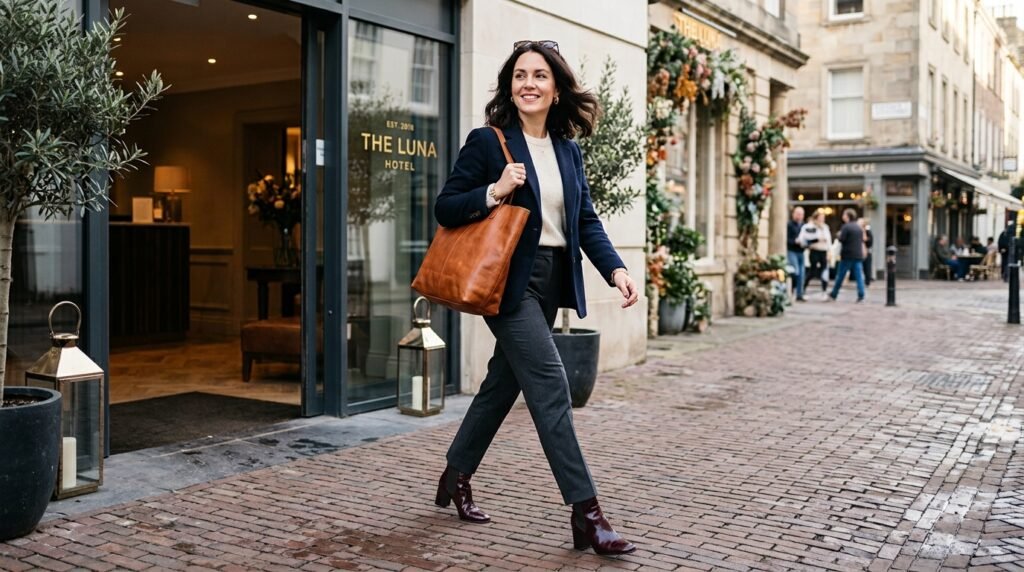 Woman walking outdoors wearing tailored trousers and polished burgundy boots.