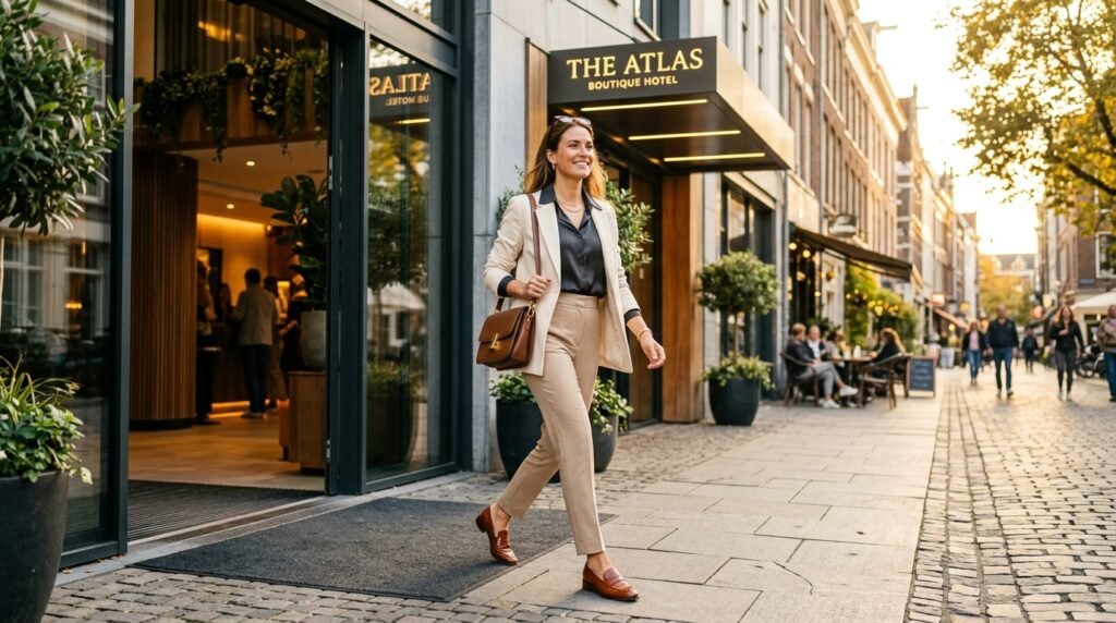 Confident woman walking outdoors wearing tailored trousers and polished cognac leather shoes.