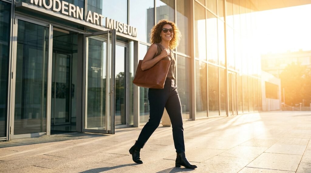Confident woman wearing tailored trousers and western boots walking outdoors.