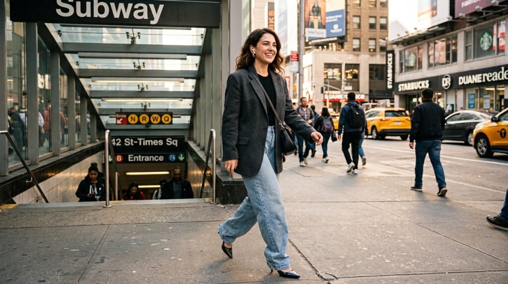 Confident young woman walking out of a metro station wearing baggy jeans and kitten heels.